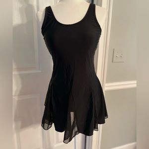 Women’s black Sz 10 Shore Shapes Swimwear One piece swimdress sheer skirt panels